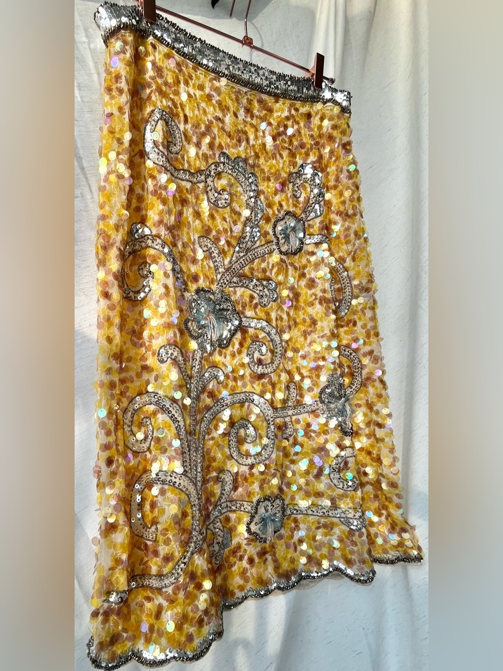 Zara Sequin Bead Embroidered Midi Skirt Yellow Silver Sirencore Fairycore Large - Picture 5 of 16